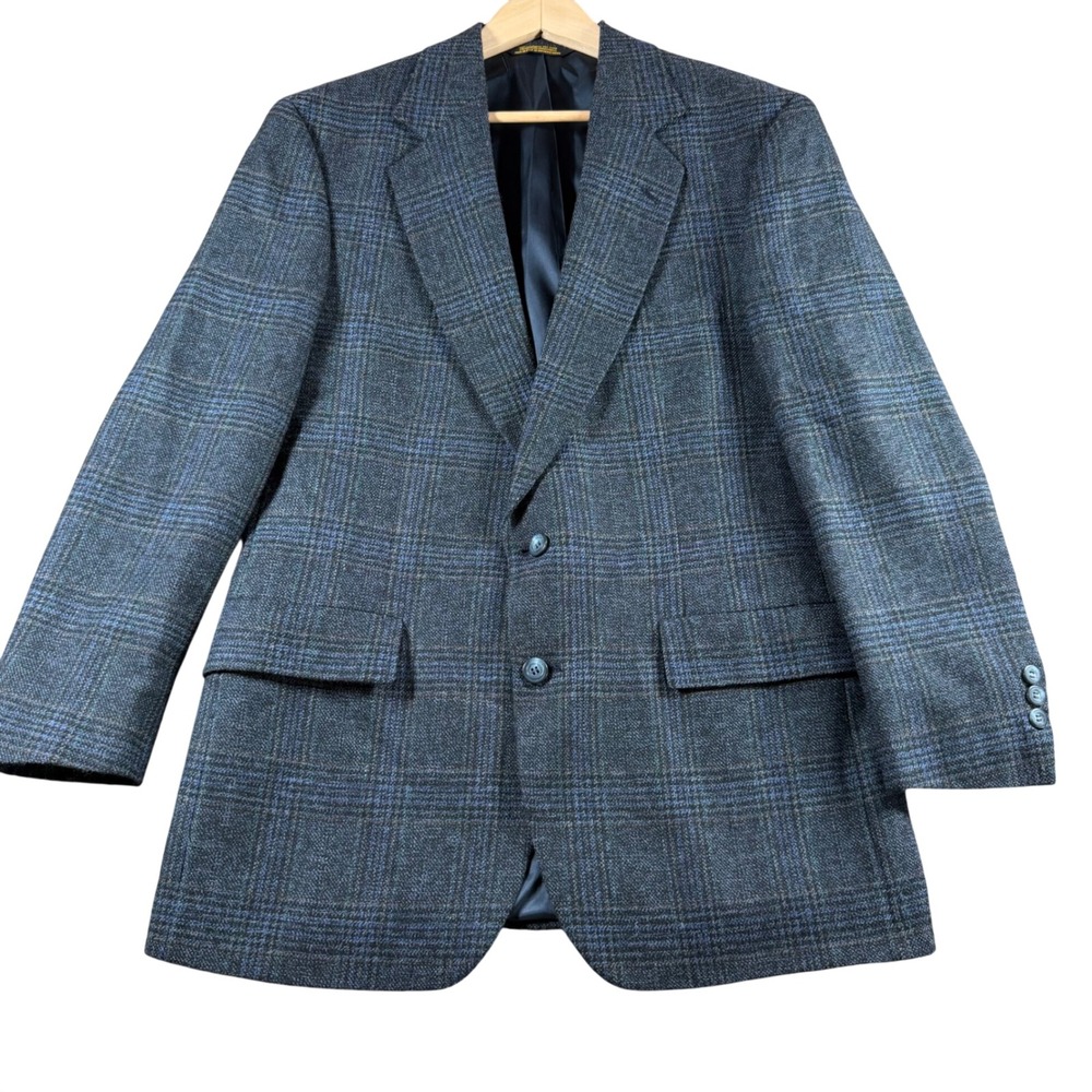 Strathmore by Richman Mens 42R Blue Grey‎ Plaid 100% Pure Wool Blazer Sport Coat